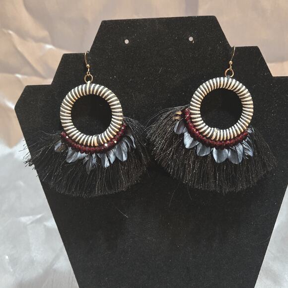 Hoop Fan Tassel Earring Fringe Circle Round Drop Black Boho Earrings - Picture 1 of 2